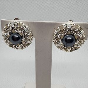 Napier Silver, Rhinestones, & Gray Faux Pearl Clip-On Earrings